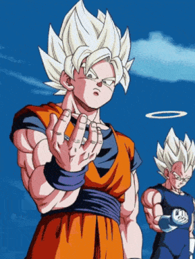 a cartoon of goku and vegeta standing next to each other with a blue sky in the background