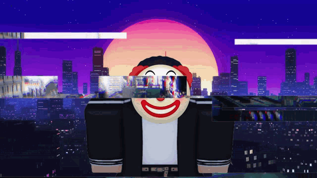 a cartoon character with a clown face is standing in front of a city