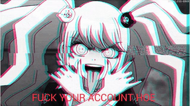 a picture of a girl with a teddy bear on her head and the words " fuck your account hoe "
