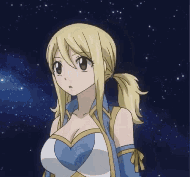 a blonde anime girl covering her mouth with her hand in front of a starry sky