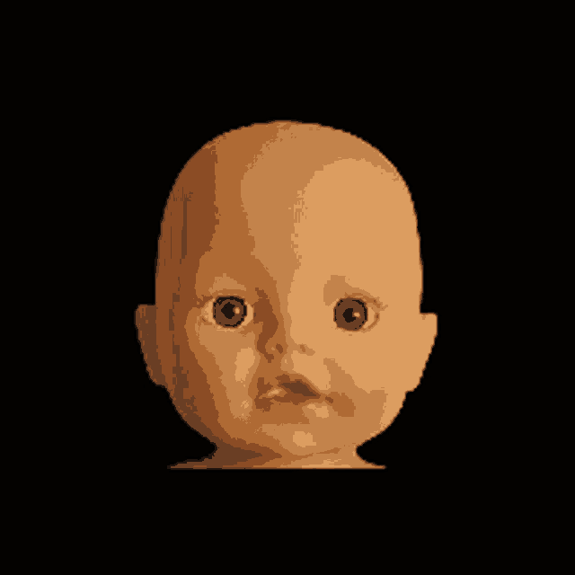 a close up of a baby doll 's face on a black background