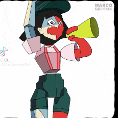 a cartoon character is holding a megaphone and wearing a hat