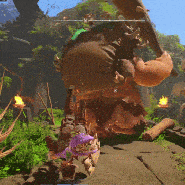 a video game screen shows a giant monster with a purple monster behind it