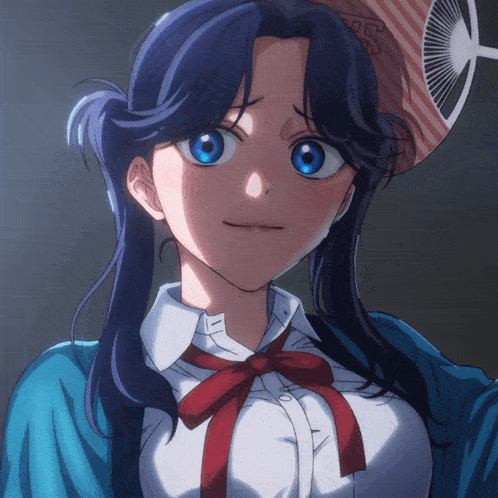a girl with blue hair is holding a fan over her head and has a red bow on her shirt
