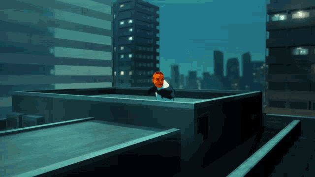 a man in an orange mask stands on a rooftop