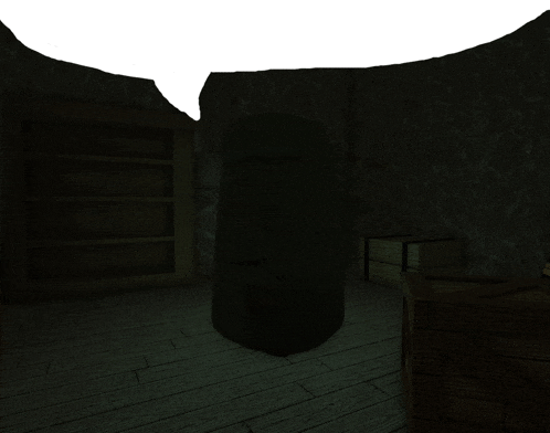 a dark room with a statue in the middle of the room