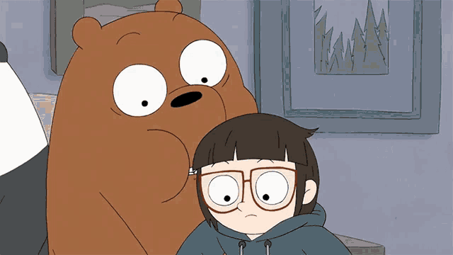 a cartoon of a girl with glasses and a bear