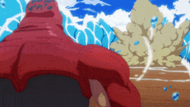 a cartoon of a man in a red jacket standing in front of a explosion