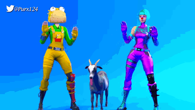 two video game characters standing next to a goat with the twitter username purx124