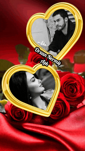 a picture of a man and a woman in a heart shaped frame with the name orxan nermis on it