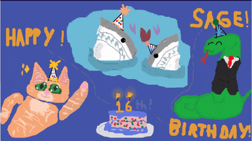 a drawing of a cat a snake and a cake with the words happy 16th birthday