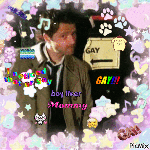 a picture of a man with a sign that says gay