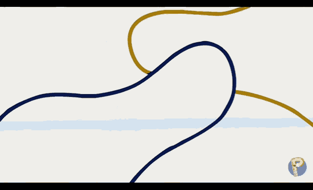 a drawing of a blue and yellow line with the letter p on the bottom