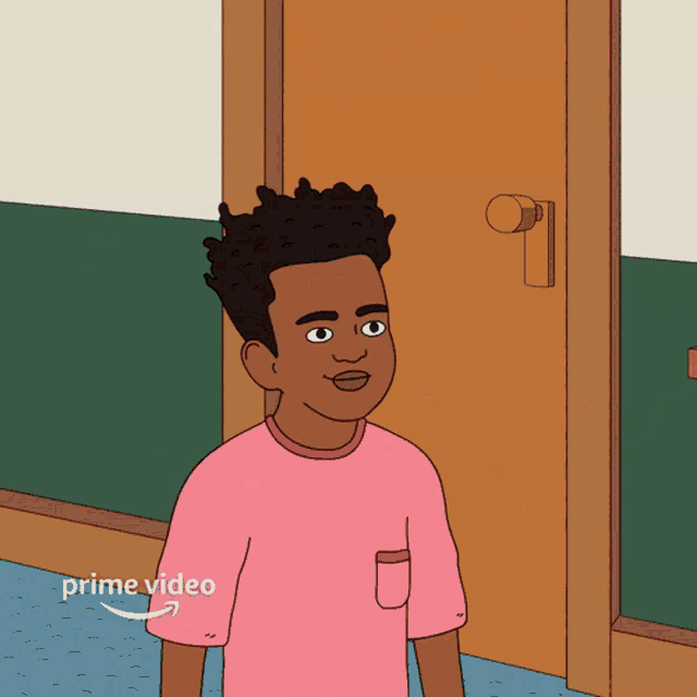 a boy in a pink shirt is standing in front of a door with a prime video arrow pointing at him