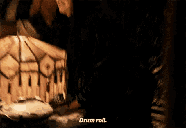a person is playing a drum in a dark room and saying drum roll .