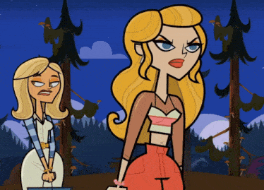 a cartoon of two women standing next to each other in a forest