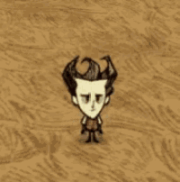 a cartoon character with horns is standing on a wooden floor .