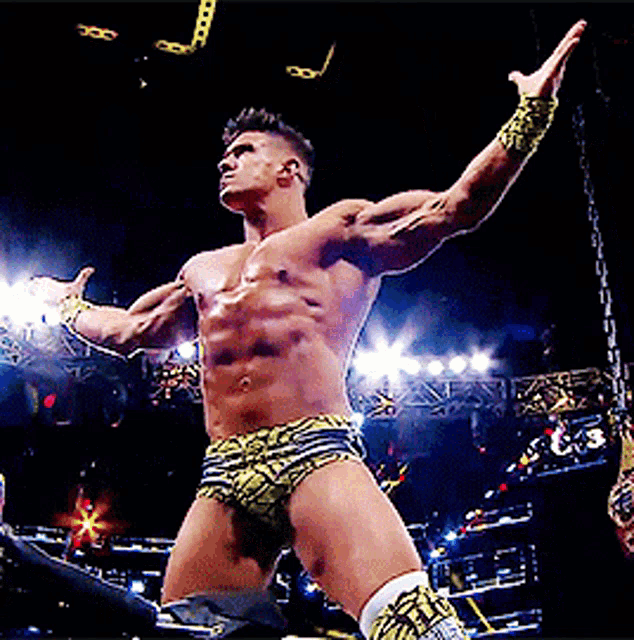 a wrestler with his arms outstretched in a wrestling ring