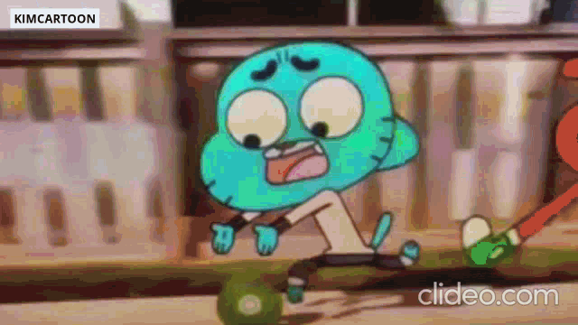 gumball from the amazing world of gumball is riding a skateboard on a wooden surface .