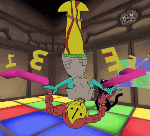 a cartoon character is doing a handstand on a colorful dance floor with the letter e behind him