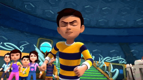 a cartoon boy is standing in front of a group of children .