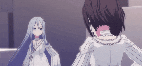 a girl with long blue hair is standing next to another girl with black hair