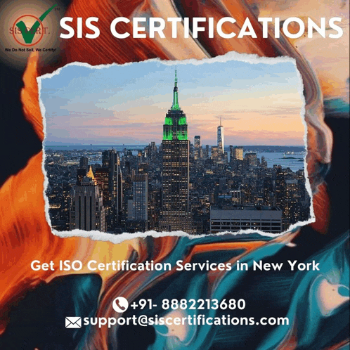 an advertisement for sis certifications shows a picture of new york city
