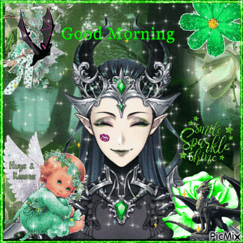 a picture of a woman with horns and a baby with the words good morning on it