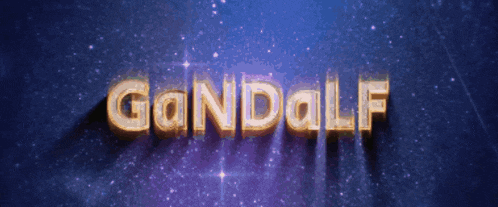 the word gandalf is written in gold letters on a blue background
