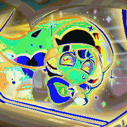 a colorful pixel art of a cartoon character with a hat