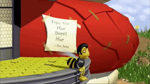 a cartoon bee is holding a sign that says enjoy your hive sweet hive - the ants