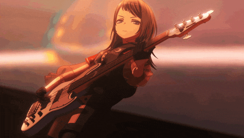 a girl with long hair is holding a guitar in her hands