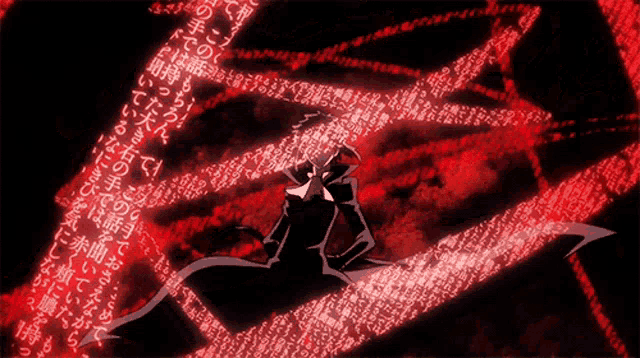 a man in a black suit is surrounded by red text