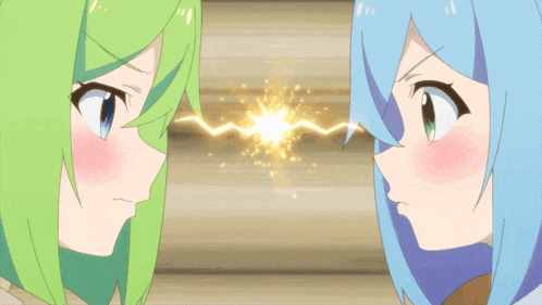 two anime girls with green hair and blue hair are facing each other and looking at each other