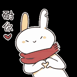 a cartoon rabbit is wearing a scarf and making a heart shape with its hands .