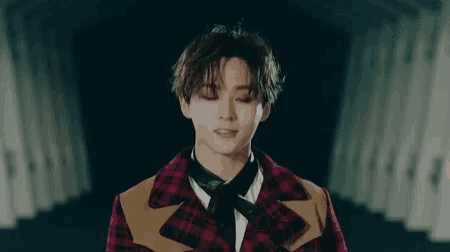 a young man in a plaid coat and tie is standing in front of a tunnel .