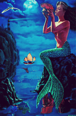 a painting of a mermaid blowing a conch shell