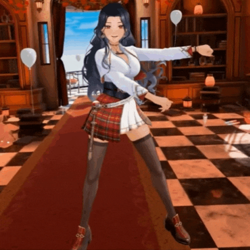 a girl in a plaid skirt is dancing in a room with balloons in the background