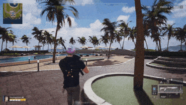 a video game screen shows a man standing in front of a pool