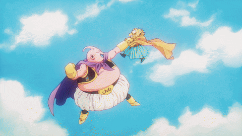 a cartoon character with a purple cape is flying through the air with a purple light coming out of his mouth