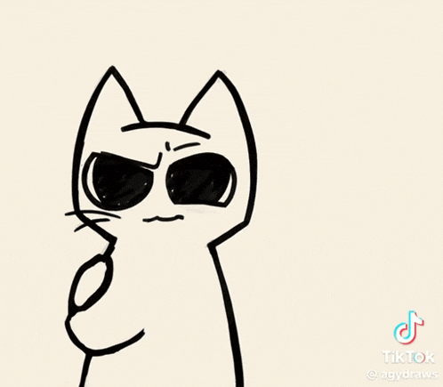 a black and white drawing of a cat with sunglasses and a tiktok logo