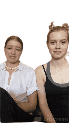 two women are sitting next to each other and their faces are made with unscreen app