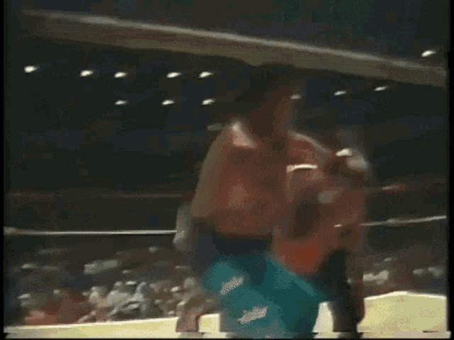 two boxers are fighting in a boxing ring while a crowd watches