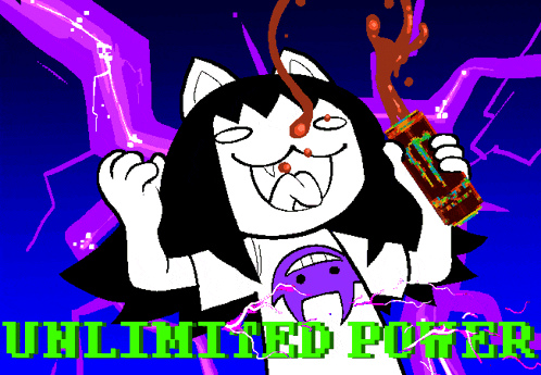 a cartoon of a cat holding a monster energy drink with the words " unlimited power " below it