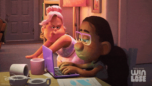 two cartoon characters looking at a laptop with the words win or lose on the bottom right