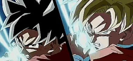 a cartoon of two men fighting each other with their eyes glowing .