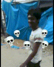 a person with skulls on their arms and a blue tarp in the background