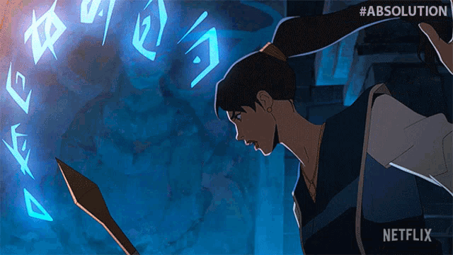 a cartoon of a woman with a sword and a netflix logo behind her