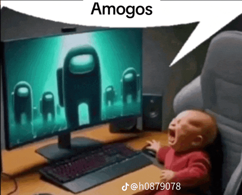 a baby is crying in front of a computer screen with the words amogos above it