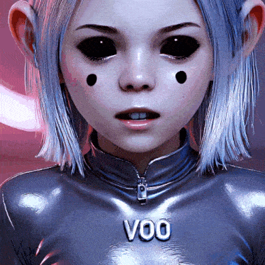 a girl with black eyes is wearing a shirt with the word voo on it